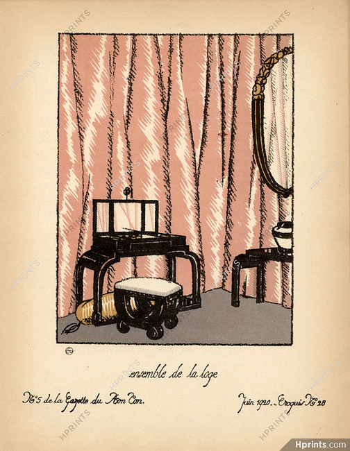 Aménagement d'une Loge d'Actrice — Ensemble de la loge, 1920 - Süe & Mare, Art Deco Furniture. La Gazette du Bon Ton, n°5 — Croquis n°28