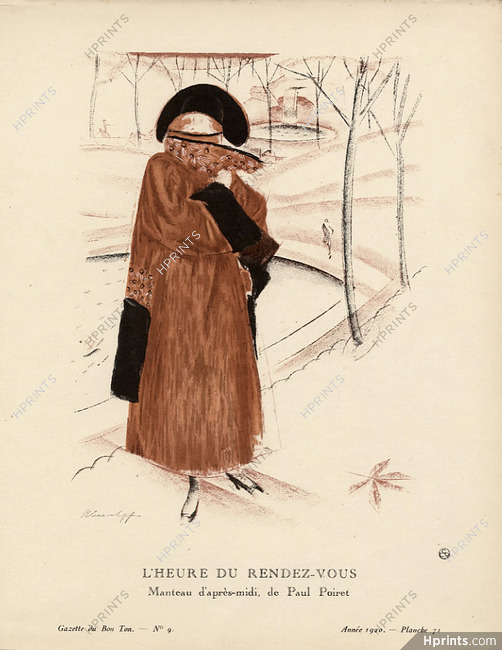 L'Heure du Rendez-vous, 1920 - Alexandre Iacovleff, Manteau d'après-midi de Paul Poiret. La Gazette du Bon Ton, n°9 — Planche 71