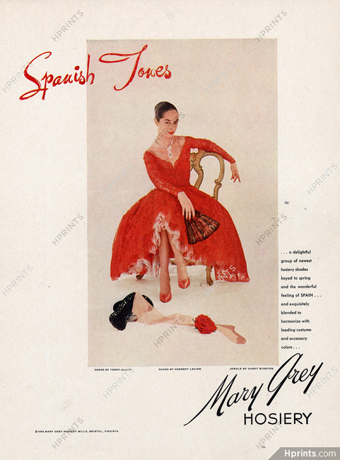 Mary Grey Hosiery (Hosiery, Stockings) 1953 Dress by Terry-Allen, Shoes by Herbert Levine, Jewels by Harry Winston