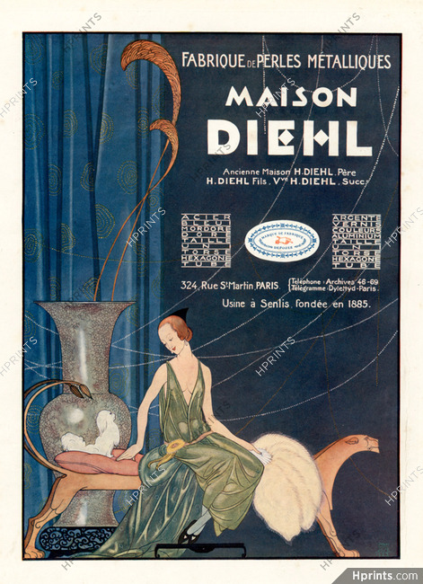 Maison Diehl (fabrique de perles métalliques) 1926 Art Deco, Pearls, Juan Jose, Pekingese Dog