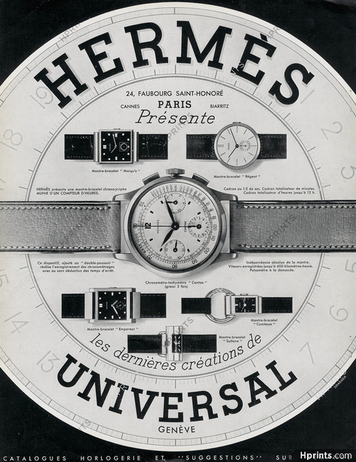 Hermès (Watches) & Universal 1938 Models: Marquis, Régent, Contax (Chronomètre) Empereur, Comtesse, Sultane.