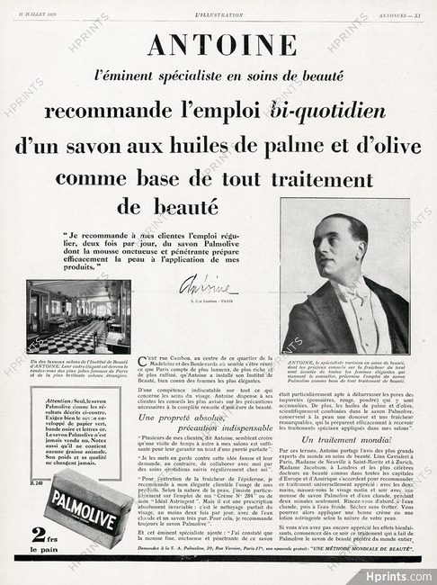 Palmolive 1929 Antoine, Le spécialiste parisien en soins de beauté...