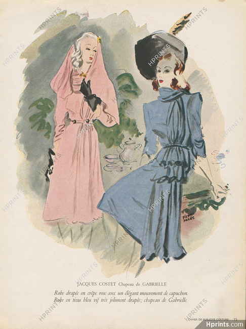Jacques Costet 1945 Robes drapées rose et bleu, Gabrielle (hat), Pierre Pagès