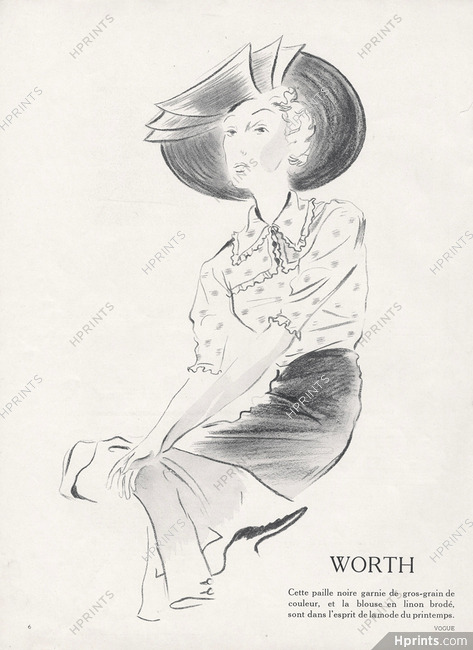 Worth 1937 Hat & Blouse, Fashion Illustration