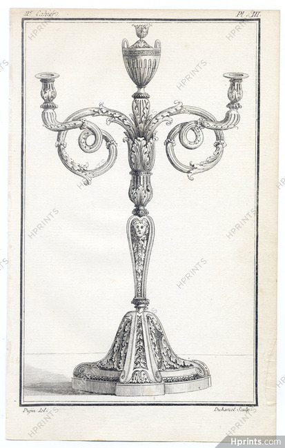 Cabinet des Modes 1786, 11° cahier, planche III, Flambeau d'argent, à girandoles, à deux branches, Silverware