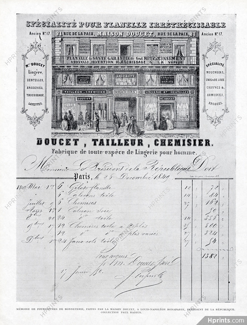 Doucet (Couture) 1923 Invoice, Shop Window, Rue de la Paix