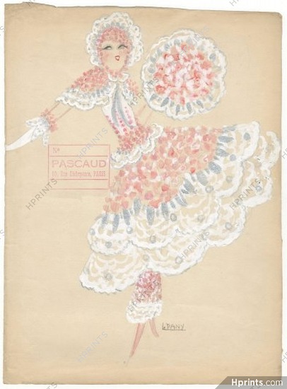 Dany 1930s, Original Costume Design, Gouache, Flower Dress, Folies Bergère, Chorus Girl