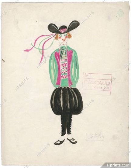 Dany 1930s, Original Costume Design, Gouache, Breton, Folies Bergère