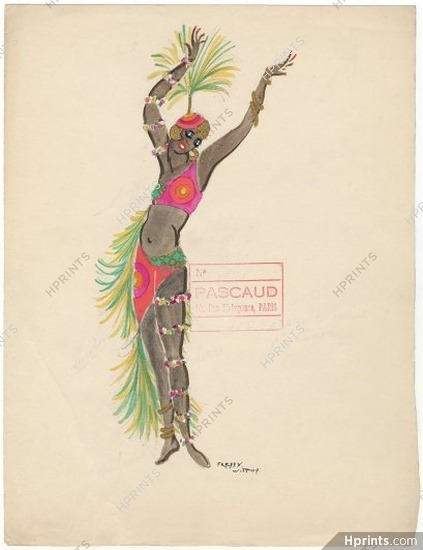 Freddy Wittop 1930s, Original Costume Design, Gouache, Black Dancer, (Josephine Baker ?), Folies Bergère