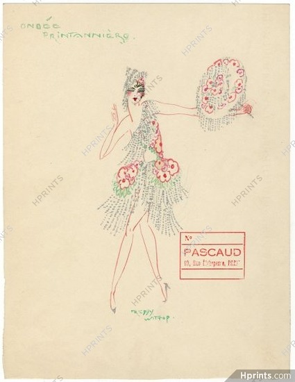 Freddy Wittop 1930s, "Ondée Printanière", Original Costume Design, Gouache, Wardrobe Master Pascaud, Folies Bergère