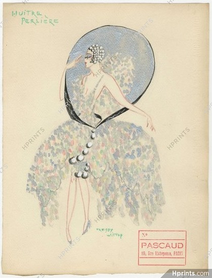 Freddy Wittop 1930s, "Huitre Perlière", "Pearl Oyster" Original Costume Design, Gouache, Folies Bergère, Wardrobe Master Pascaud