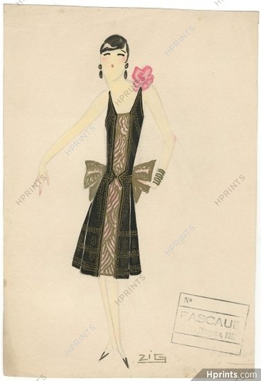 ZIG 1930s Velvet Dinner Dress, Original Costume Design, Gouache