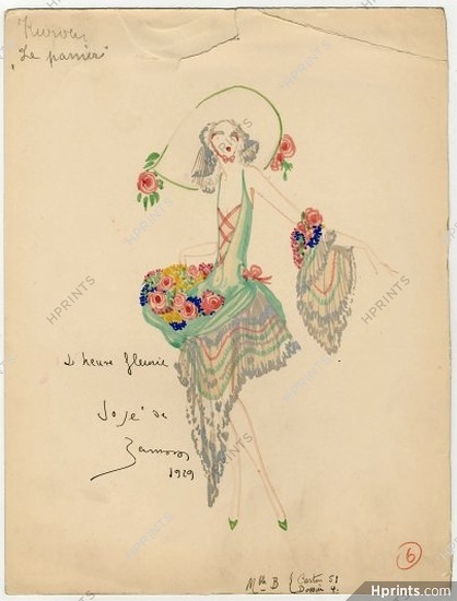 José De Zamora 1929 "L'Heure Fleurie", Original Costume Design, Gouache, "Le Panier", Folies Bergère