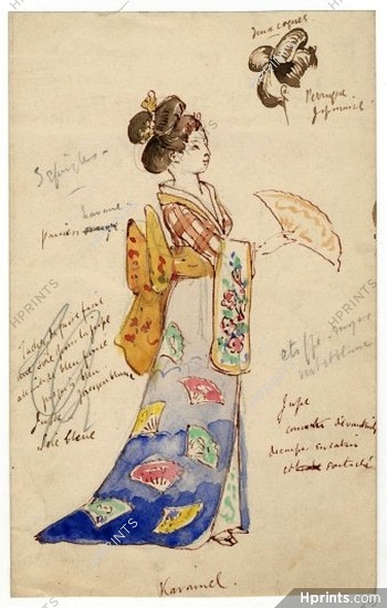 Le Nouvel Aladin 1871 Original Costume Design, Gouache, "Karamel", Traditional Costume, Japanese, Hand Fan
