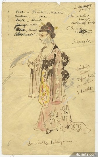 Le Nouvel Aladin 1871 Original Costume Design, Gouache, "Demoiselle", Japanese, Traditional Costume
