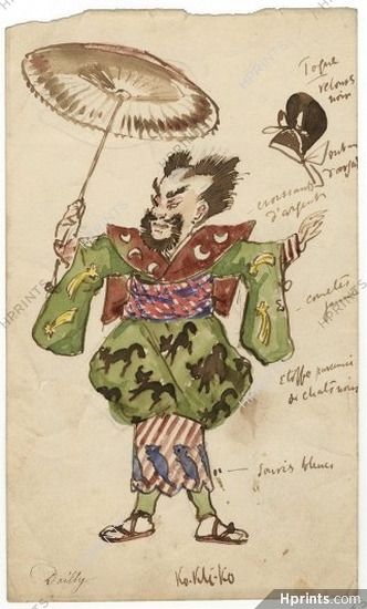 Le Nouvel Aladin 1871 Original Costume Design, Gouache, "Ko-Keli-Ko", Japanese, Traditional Costume