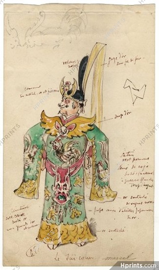 Le Nouvel Aladin 1871 Original Costume Design, Gouache, "Le Taï-coun", Traditional Costume, Japanese