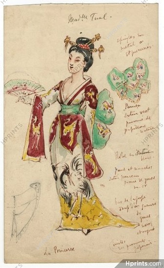 Le Nouvel Aladin 1871 Original Costume Design, Gouache, "La Princesse Veloutine" Traditional Costume, Japanese, Hand Fan