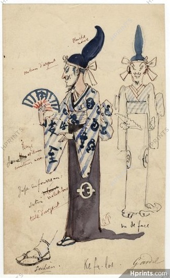 Le Nouvel Aladin 1871 Original Costume Design, Gouache, "Ké-fa-los", Traditional Costume, Japanese
