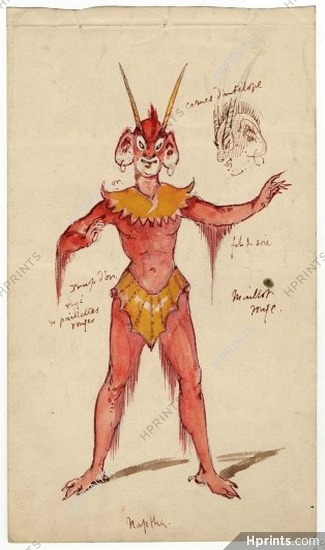 Le Nouvel Aladin 1871 Original Costume Design, Gouache, "Naphta", Faun, The Spirit of the Lamp