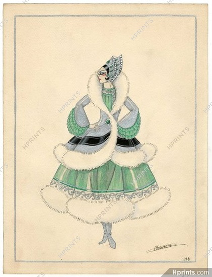 Charles Chieusse 1931 Original Costume Design, Gouache, Coat, Fur, Russian