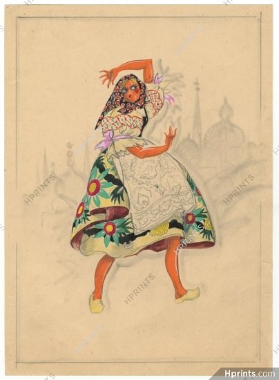 Charles Chieusse 1930s, Original Costume Design, Gouache, Russian, Traditional Costume, Dancer