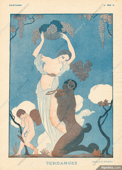 George Barbier 1916 "Vendanges" Grapes Harvest, Sexy Girl Nude, Faun