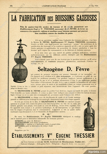 Ets Eugène Thessier 1924 Seltzogène D. Févre "Siphons" soft drinks