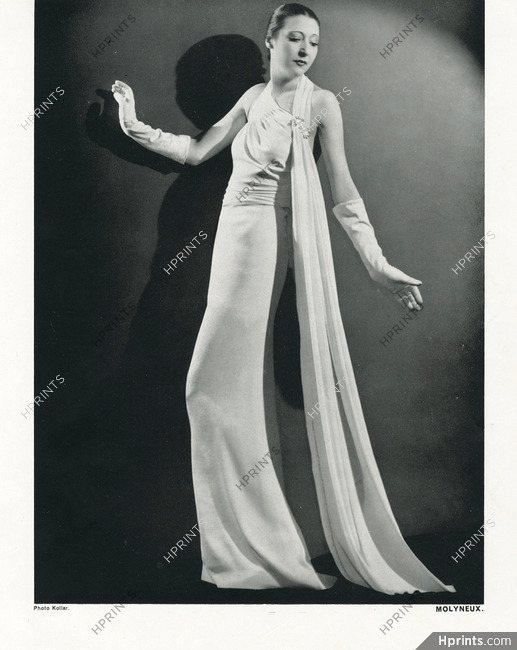 Molyneux 1938 White Evening Gown, Scarf, Brooch, Photo Kollar