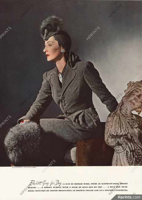 Nettie Rosenstein 1940 Rodier Suit wool, Fox Muff, Photo George Hoyningen-Huene
