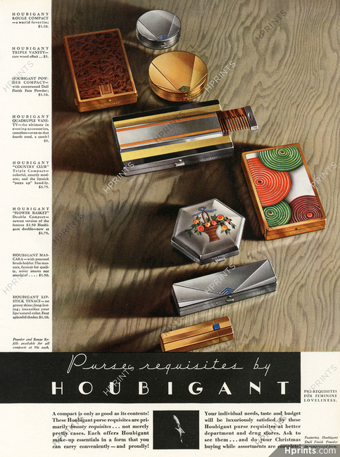 Houbigant 1934 Powder Compact, Triple Vanity, Lipstick, Art Deco