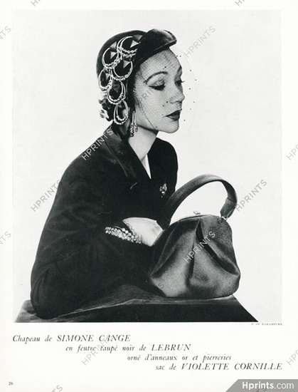 Simone Cange 1950 Feutre Lebrun, Anneaux d'or, Sac de Violette Cornille