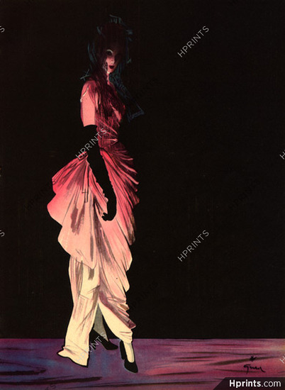 Balenciaga 1946 Evening Gown, Taffetas rose drapé, Dentelle noire, René Gruau
