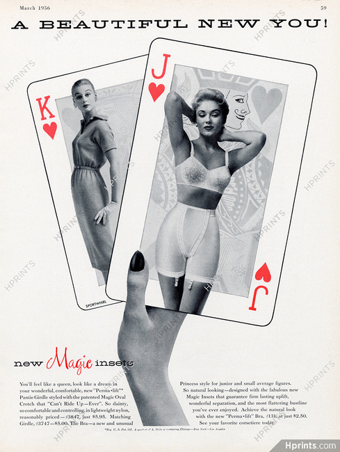 Perma-Lift (Lingerie) 1956 Brassiere, Girdle, Playing Cards, Sportwhirl dress