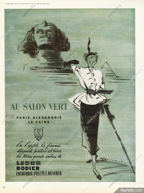 Lesur, Rodier, Coudurier Fructus Descher (Fabric) 1949 "Au Salon Vert" en Egypte, Sphinx, Jacques Demachy