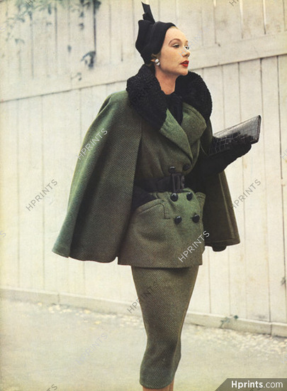 Jacques Fath 1950 Tweed vert et brun, cape, col astrakan, Pierre Besson, Photo Pottier
