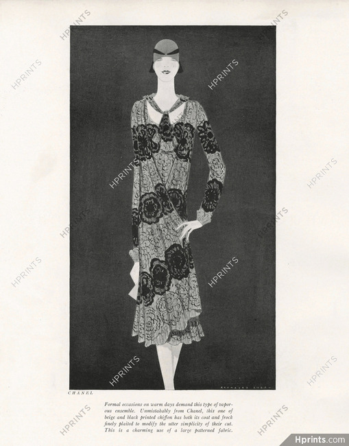 Chanel 1927 Reynaldo Luza, beige and black, printed chiffon, Evening Gown