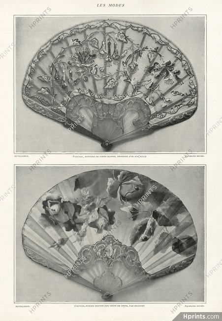 Duvelleroy 1901 Hand Fan "broderie or sur tulle", "fleurs peintes" par Billotey