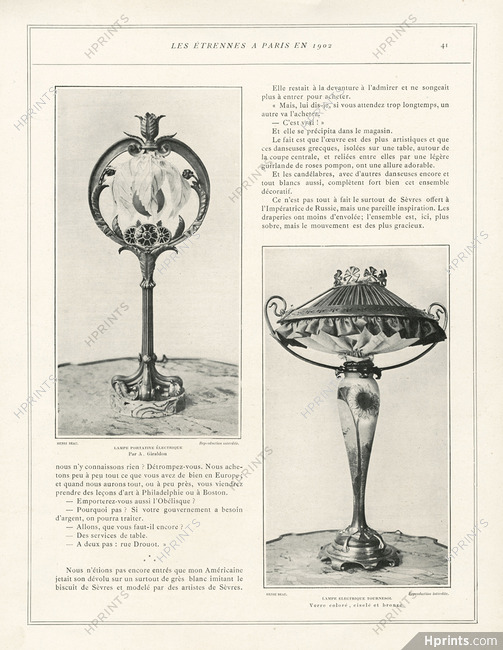 Henri Beau & Cie 1901 "Lampe portative" A. Giraldon, "Lampe Tournesol" verre coloré
