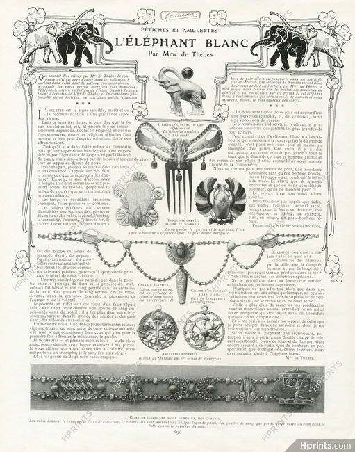 Fétiches et Amulettes - L'éléphant blanc, 1904 - Fetishes and Amulets Egyptian Necklace (Ibis wings) Belt (Sphinx, Ibis) comb (Scarab), Text by Mme de Thèbes