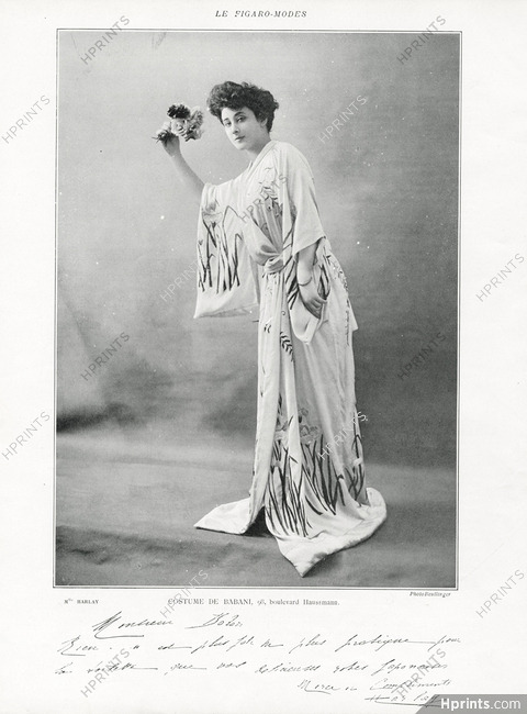 Babani (Couture) 1905 Melle Harlay, Iris flowers embroidery, Japanese Dress Kimono, Photo Reutlinger