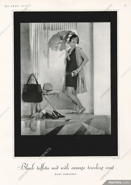 Marie Nowitzky 1927 black taffeta suit with orange toweling coat, Beachwear