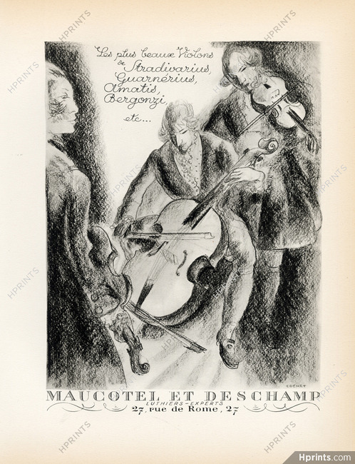 Maucotel & Deschamp (Luthiers) 1928 Violins, Sradivarius, Guarnérius, Amatis, Bergonzi... Lithograph PAN Paul Poiret, Cochet