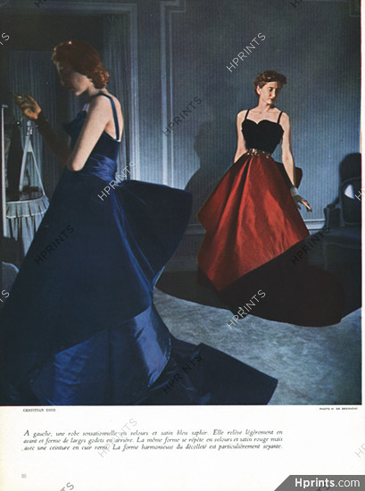 Christian Dior 1948 Robe bleu saphir, Robe satin rouge, Photo H. De Segonzac