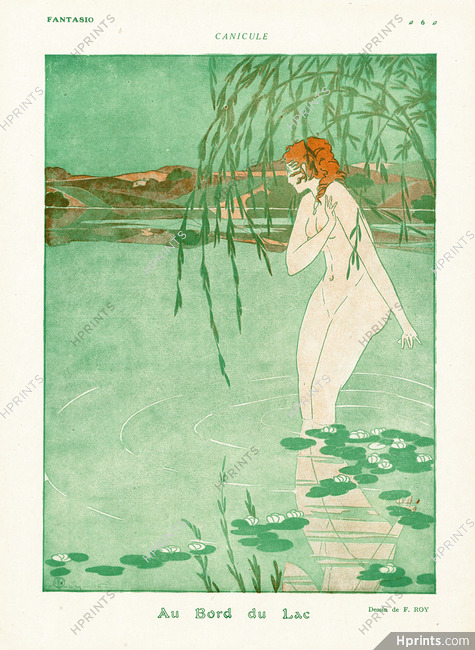 Canicule - Au bord du Lac, 1916 - F. Roy, Nude Bathing Beauty In Lake