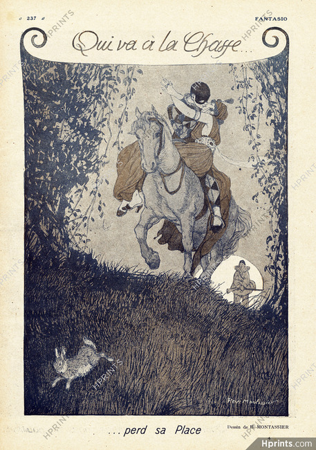Qui va à la Chasse... perd sa Place, 1916 - Henri Montassier Lovers, Pierrot, Harlequin