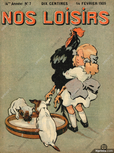 "Nos loisirs" 1909 cover, Dog, Girl, Coq