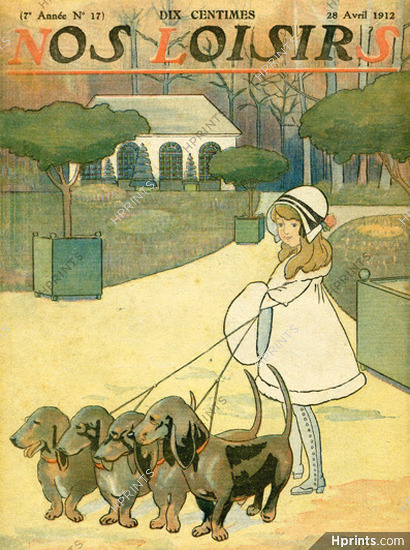 "Nos loisirs" 1912 Cover, Girl, Teckels, Dogs, Dachshund