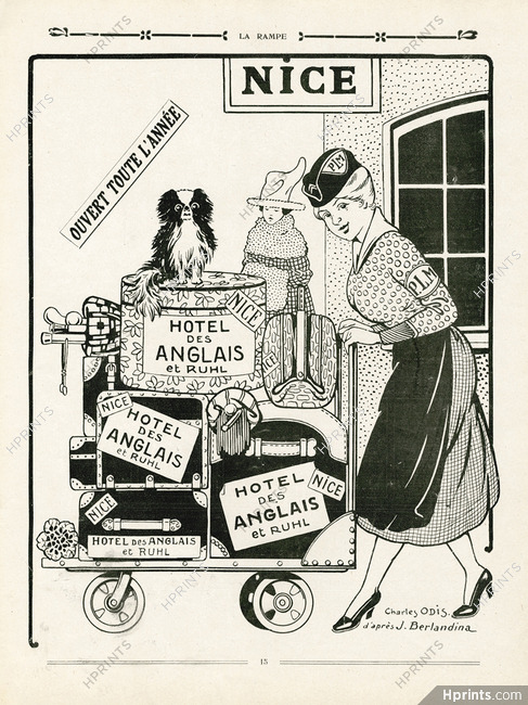 Hôtel des Anglais et Ruhl (Nice) 1919 Charles Odis d'après J. Berlandina, Luggage, Pekingese Dog