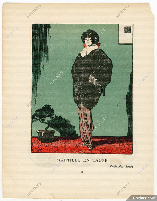 Ludwik Strimpl 1912 "Mantille en Taupe" Gazette du Bon Ton, Fourrures Max Auspitz, fur jacket